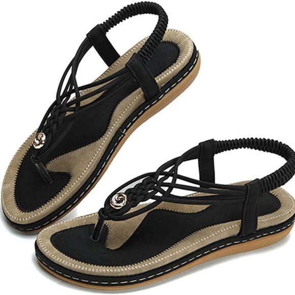 Women's US 9,5 Black Flat Sandals Summer Clip Toe Flip Flops Thongs Bohemian Sty - Picture 1 of 7